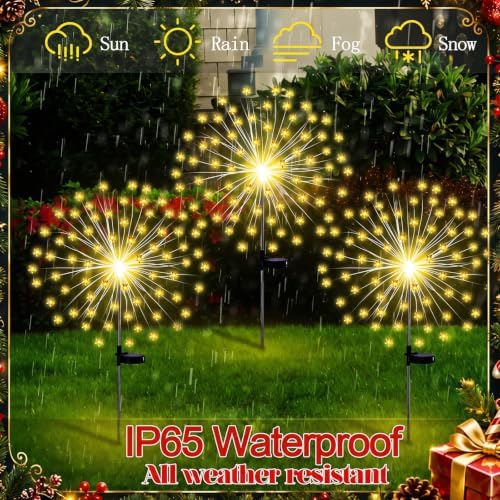 Tujoe 4 Pcs Pentagram Solar Firework Lights Decorations Garden Pathway Solar Power Light Stake Waterproof with 90 LED 8 Modes Star Firework Lights Decoration for Outside Decor, Warm White - Image 5