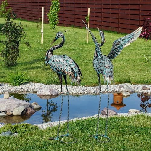 Large Garden Statues Set of 2, Metal Crane Sculptures, Bronze Heron Outdoor - Image 6