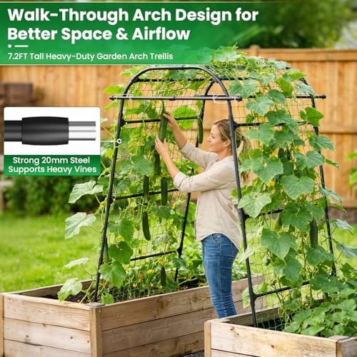 7.2FT Garden Arch Trellis for Climbing Plants, Heavy Duty Walk-Through Metal Arch with Netting, Wind-Resistant Vertical Garden Support for Cucumbers, Roses, Beans, Squash - Image 4