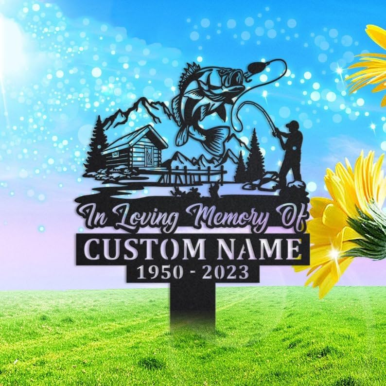 Personalized Memorial Plaques for Outdoors Mountain Cabin Scene Fisherman Grave Marker Metal Garden Stakes Fishing Lover Memorial Gifts Sympathy Gifts for Loss of Loved One (Fisherman 2) - Image 2