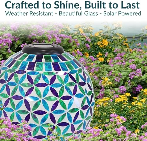 Sunnydaze 10-Inch Cool Blooms Solar Gazing Ball & Purple Mosaic Stand - Image 4