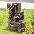 Glitzhome Outdoor Water Fountain with LED Light, Children Playing with Faucet Waterfall Fountains, Antique Bronze Resin Boy and Girl Statue Outdoor Waterfall Fountain for Patio Backyard Garden, 25”H - Image 2