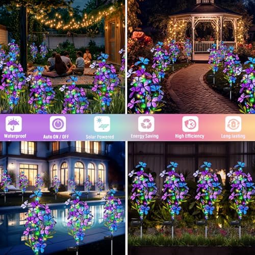 MRHEPHAESTUS Solar Garden Lights Outdoor, Waterproof 2 Pack Solar Butterfly Lights with 60 LED 12 Butterfly Colorful Lighting for Garden Yard Lawn Outdoor Decor, Gift for Mom Women Mother's Day - Image 6