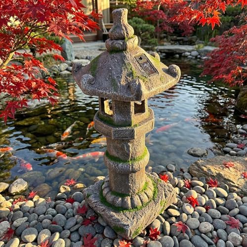 26" H Large Asian Zen Pagoda Outdoor Moss Solar-Powered Statue - Image 7