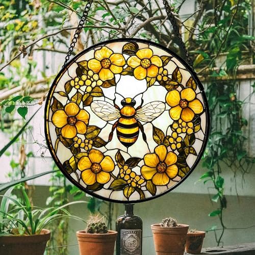 Bee Wreath Stained Glass Window Hanging Suncatcher Gifts for Women 12" - Image 5