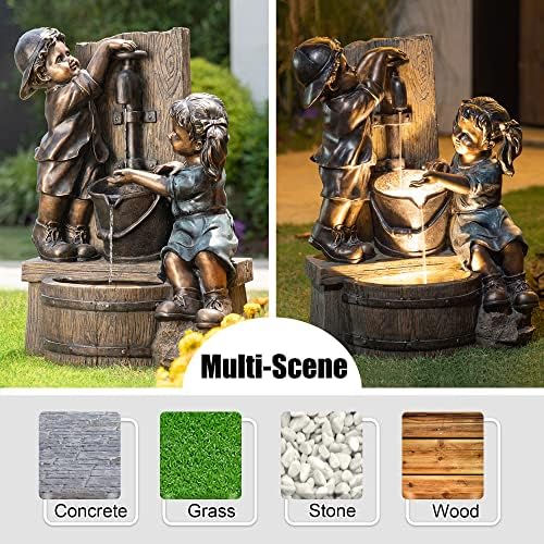 Glitzhome Outdoor Water Fountain with LED Light, Children Playing with Faucet Waterfall Fountains, Antique Bronze Resin Boy and Girl Statue Outdoor Waterfall Fountain for Patio Backyard Garden, 25”H - Image 6