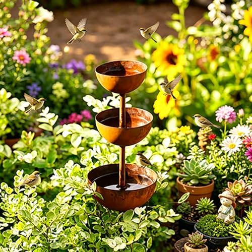 3 Tier Rusted Metal Rain Catcher Stake, Rustic Stacked Bowls Rain Gauge Garden Decor, Vintage Outdoor Yard Art for Lawn Patio Backyard (2) - Image 2