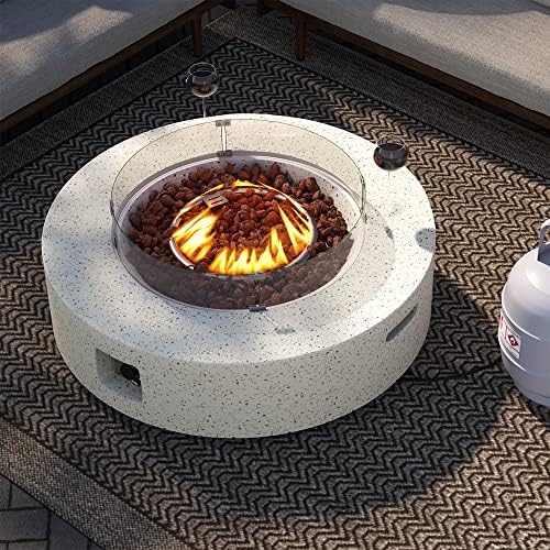 SUNBURY Outdoor 42 Inch Propane Fire Pit Table, Patio Gas Fire Table 50,000 BTU Fire Pit for Outside in Spotted White w Glass Wind Guard, Lava Rocks - Image 2