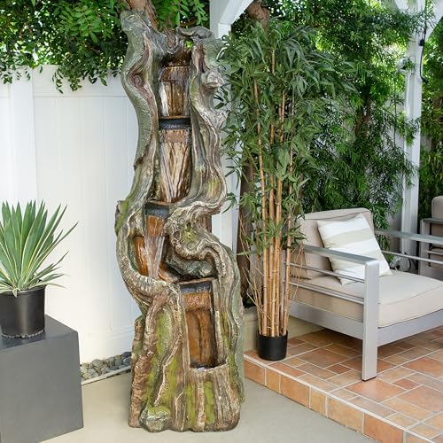 Alpine Corporation TVH156 79" Outdoor Floor Cascading Tree Trunk Water Fountain with LED Lights, Waterfall with Lights, Brown - Image 2