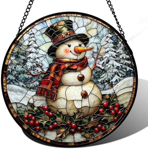 Stained Glass Window Hanging - Christmas Snowman Suncatcher for Door Terrace Garden Home Decor Winter Forest Snow Sun Catcher Birthday Gifts for Lovers Women Men Dad Mom Nana 15 in by JOSUMALY