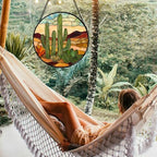 Stained Glass Window Hanging, Green Cactus Sun Catcher for Door Terrace Garden Home Decor, Abstract Desert Landscape Suncatcher Birthday Gifts for Lovers Women Men Dad Mom Nana 11.8 in - Image 2