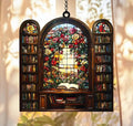 Floral Library Acrylic Suncatcher 8 Inches, Fall Decoration Indoor Outdoor, Bedroom Porch Decor, Stained Glass Effect Window Hanging, Bookshelf Ornament, Cottagecore Book Lover Gift for Her by XISZYS