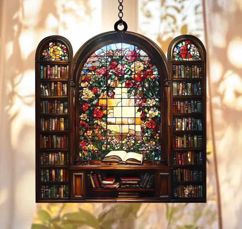 Floral Library Acrylic Suncatcher 8 Inches, Fall Decoration Indoor Outdoor, Bedroom Porch Decor, Stained Glass Effect Window Hanging, Bookshelf Ornament, Cottagecore Book Lover Gift for Her by XISZYS