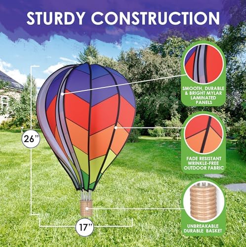 Hot Air Balloon Hanging Garden Spinner 26" - Vibrant Chevron Rainbow Design, Weather-Resistant Outdoor Decor, Durable & Lightweight for Patios, Yards, and Gardens - Eye-Catching Wind Spinner - Image 3