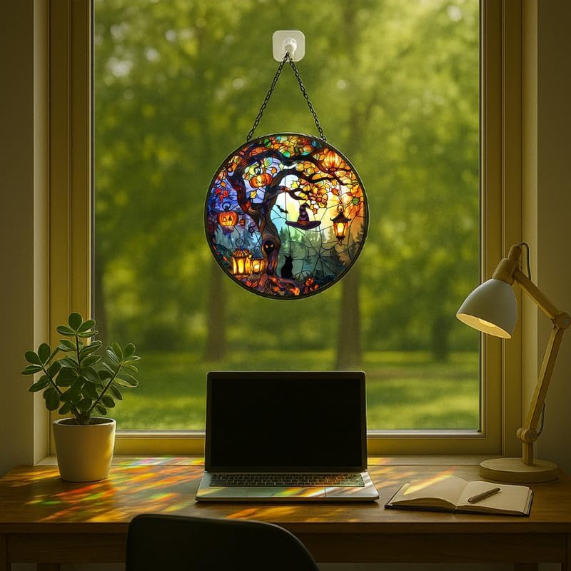 Stained Glass Window Hanging - 11.8in Pumpkin Lanterns and Black Cat Under Magic Tree with Witch Hat Sun Catchers Panel for Indoor Decorative Display for Mom, Wife, Lovers, Festive - Image 5