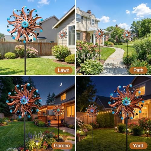 Solar Wind Spinner - Rustic Copper & Turquoise Kinetic Yard Art with Glass Globe - Vintage Metal Sunburst Wind Catcher Outdoor Garden Decor for Lawn, Patio, and Front Porch - Image 6