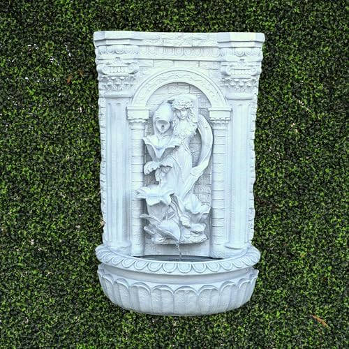 XBrand 30.3" Solar-Powered Outdoor Wall Fountain with Flower Maiden Statue, Antique Stone Waterfall Design for Garden, Yard Décor & Bird Bath, Polyresin - Image 3