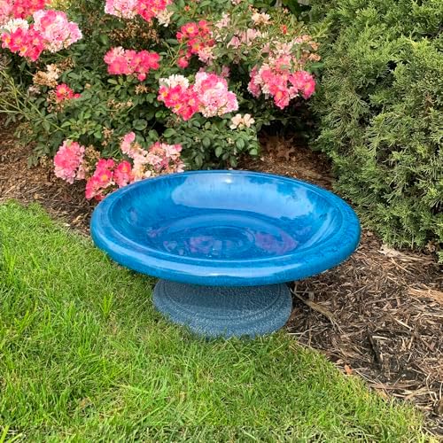 Fiber Clay Birdbath, Gloss Bowl, Low-Profile Base, Azure Blue, 19" D x 7.5" H 6.5 lbs - Image 4