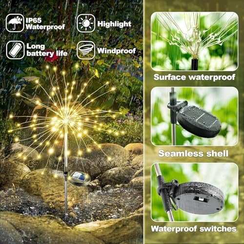 Anordsem Solar Lights Outdoor Waterproof: 4 Pack Garden Light - Bendable Copper Wire with 120 LED Firework Beads - DIY Warm Fun Decoration for Yard Patio - Twinkle Sparkler Gifts for Women Wife - Image 3