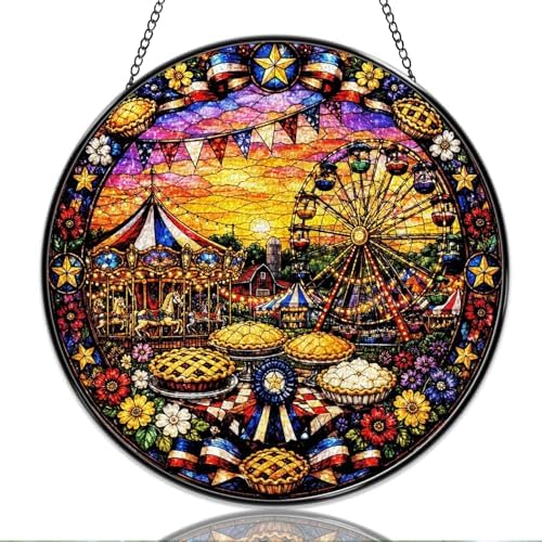 9.84 Inch Stained Glass Window Hanging Carnival Ferris Wheel Carousel Country Fair Sun Catchers Colorful Festival Scene Suncatchers for Home Porch Garden Indoor & Outdoor Decor by Unknown