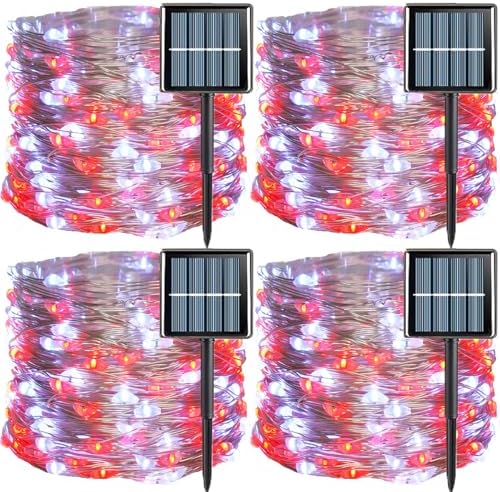 YEGUO 4 Pack Red and White Solar Fairy Lights, Each 33ft 100 LED Christmas Lights Outdoor Waterproof, 8 Modes Sliver Wire Solar String Lights by YEGUO