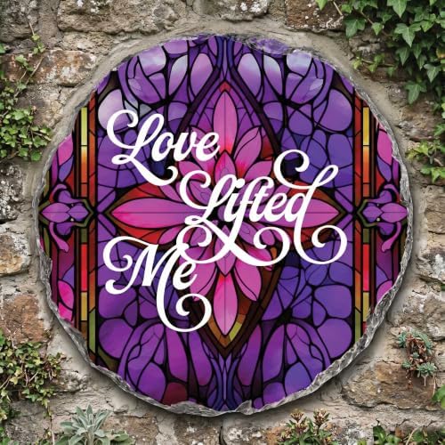 Magnolia Garden Love Lifted Me Garden Stepping Stone, 10 Inch Round Resin Outdoor Decorative Stone with Purple Stained Glass Inspired Christian Design, Hymn Garden & Walkway Décor - Image 2
