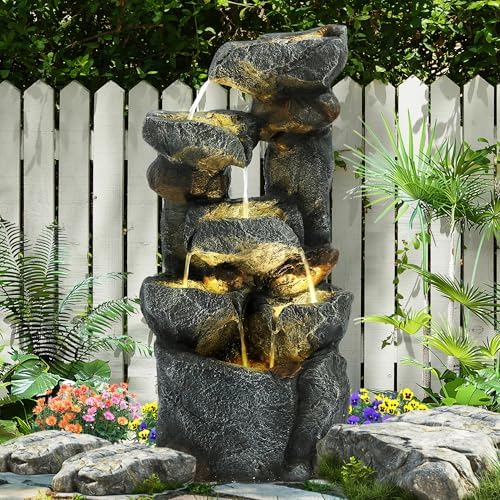 6-Tiers Cascading Outdoor Water Fountain with 6 LED Lights, Garden Fountain with Waterfalls for Home Garden, Patio, Porch and Backyard Art Decor, Natural Stone, Soothing Sound, Gray by GIODIR