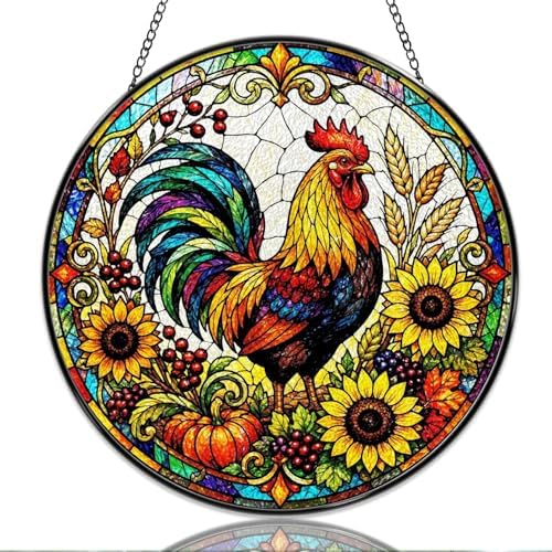 9.84 Inch Stained Glass Window Hanging Colorful Rooster with Sunflowers and Autumn Harvest Sun Catchers Farmhouse Rustic Chicken Suncatchers for Home Porch Garden Indoor & Outdoor Decor by Unknown