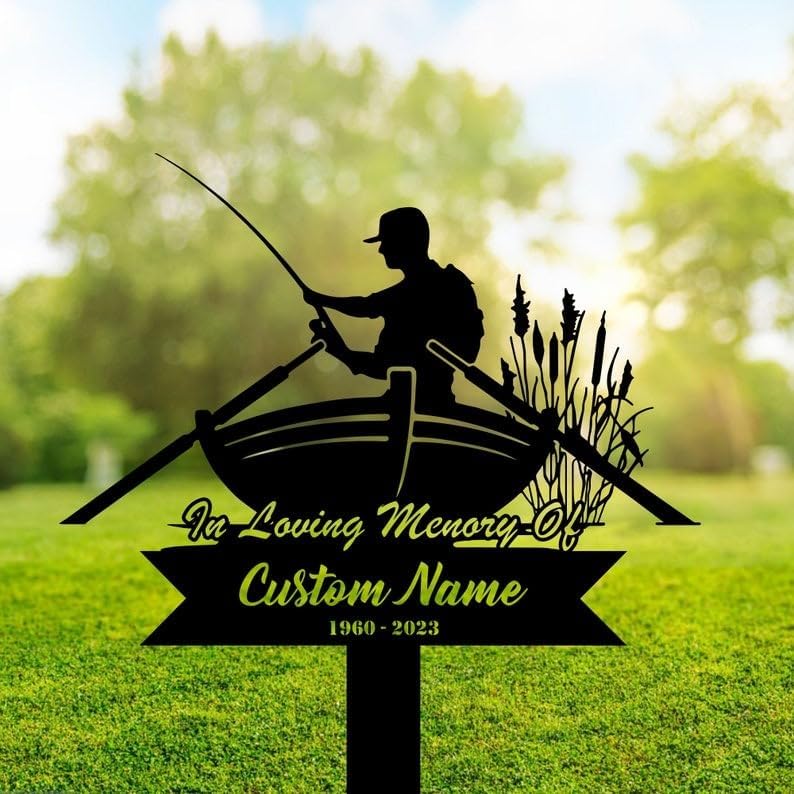 DINOMAN Personalized Memorial Plaques for Outdoors Fisherman Grave Marker Metal Garden Stakes Fishing Lover Memorial Gifts Sympathy Gifts for Loss of Loved One (Fisherman 1) by DINOMAN