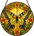 9.84 Inch Stained Glass Window Hanging Suncatcher Butterfly and Flower Design Colorful Glass Panel Sun Catcher for Window Window Hanging Decor for Home Housewarming Gift by Unknown