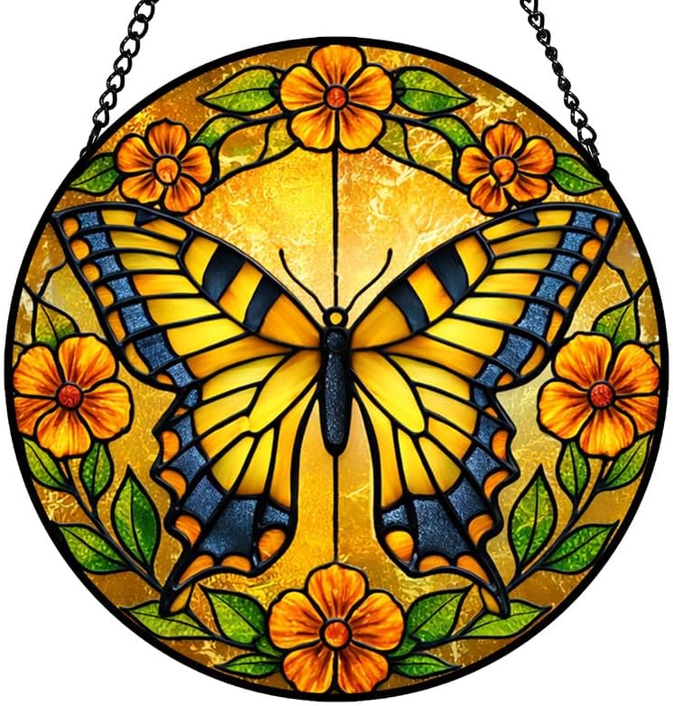9.84 Inch Stained Glass Window Hanging Suncatcher Butterfly and Flower Design Colorful Glass Panel Sun Catcher for Window Window Hanging Decor for Home Housewarming Gift by Unknown