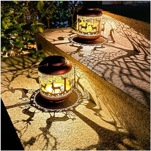 2 Pack Deer Solar Lanterns Outdoor Waterproof Hanging Solar Lights Deer Gifts for Women Men Metal Decorative LED Lanterns for Yard, Patio, Lawn, Tabletop, Pathway, Landscape, Garden Decor by TIGGSY