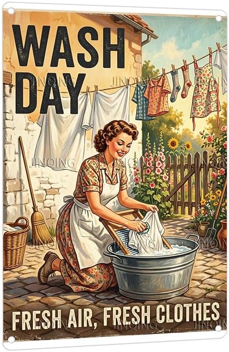 Woman Doing Laundry Tin Sign 8x12Inch by Unknown