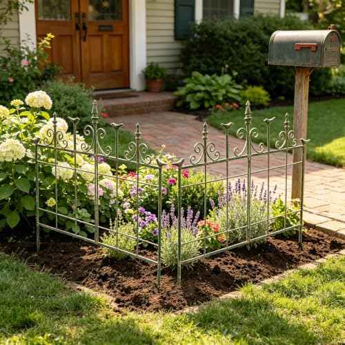 Vintage Distressed Green Metal Garden Fence Panels, 25.6" W x 23.2" H Rustic Cast Iron Picket Fence, Outdoor Landscape Edging Yard Stakes for Flower Bed & Lawn Border - Image 2
