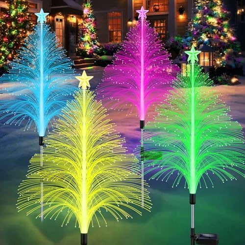 MRHEPHAESTUS Solar Christmas Decorations, 4 Pack 7 Color Changing Jellyfish Lights with 5 Layer Optical Fiber Solar Flower Lights for Outdoor Xmas Yard Garden Decor by MRHEPHAESTUS