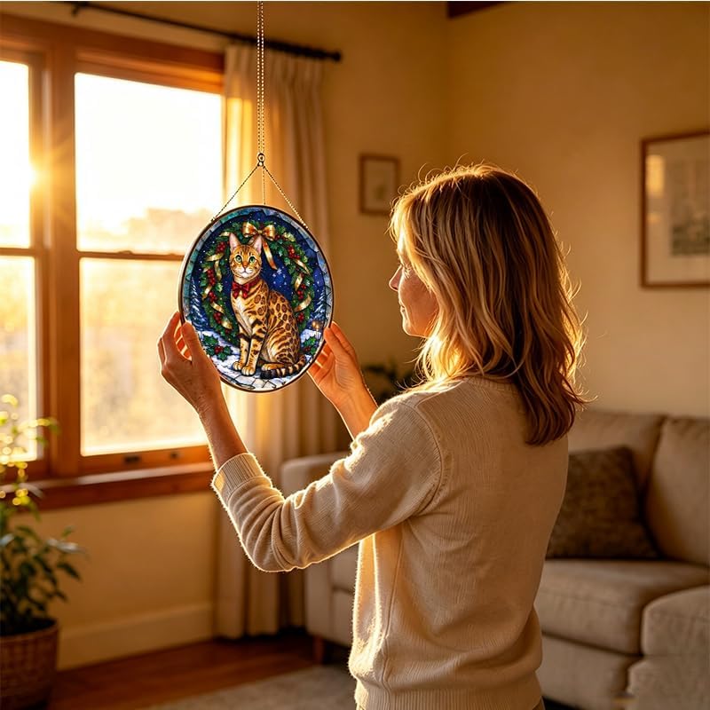 Stained Glass Window Hanging Bengal Cat Suncatcher Gifts for Wife 9.8" - Image 4
