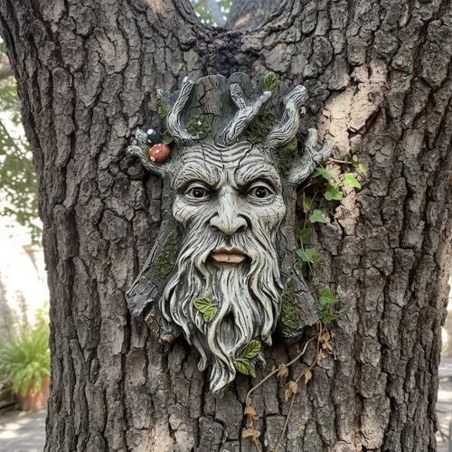 Old Man Tree Face Hugger Outdoor Decor, Handmade Tree Art Resin Statue with Foliage & Mushroom Details, Whimsical Hanging Yard Art for Garden Wall Fence by Unknown