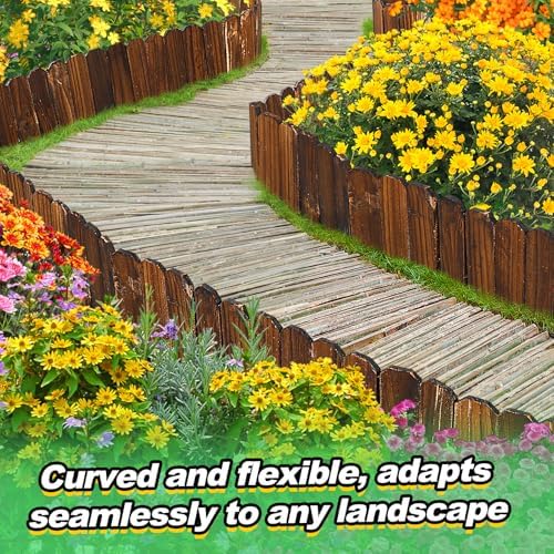 Rustic Pine Wood Garden Fence - 26.2ft Total Length (2pcs 13.1ft L*12in H) Easy to Install Sturdy Wooden Landscape Edging Border, No Fading Planter Fencing for Yard Flower Bed Lawns Pathway Tree - Image 4