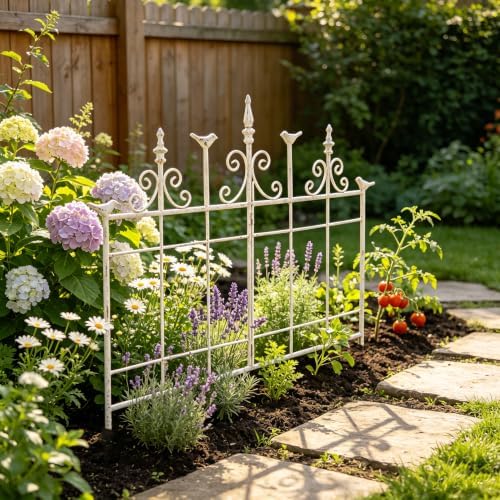 Vintage Distressed White Metal Garden Fence Panels, 25.6" W x 23.2" H Rustic Cast Iron Picket Fence, Outdoor Landscape Edging Yard Stakes for Flower Bed & Lawn Border by Unknown