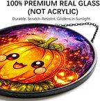 Stained Glass Window Hanging - 11.8" Pumpkin Halloween Suncatcher Glass Panel, Cute Smiling Jack-O'-Lantern Decorative Hanging Ornament for Kitchen or Garden, Ideal Gift for Mother, Wife or Women - Image 2