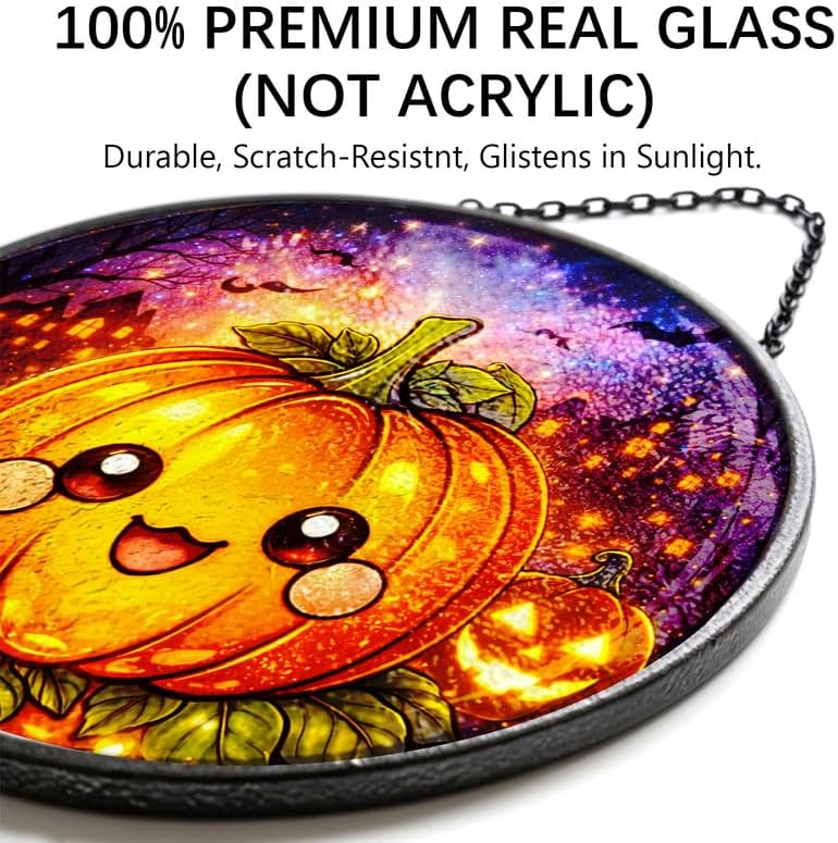 Stained Glass Window Hanging - 11.8" Pumpkin Halloween Suncatcher Glass Panel, Cute Smiling Jack-O'-Lantern Decorative Hanging Ornament for Kitchen or Garden, Ideal Gift for Mother, Wife or Women - Image 2