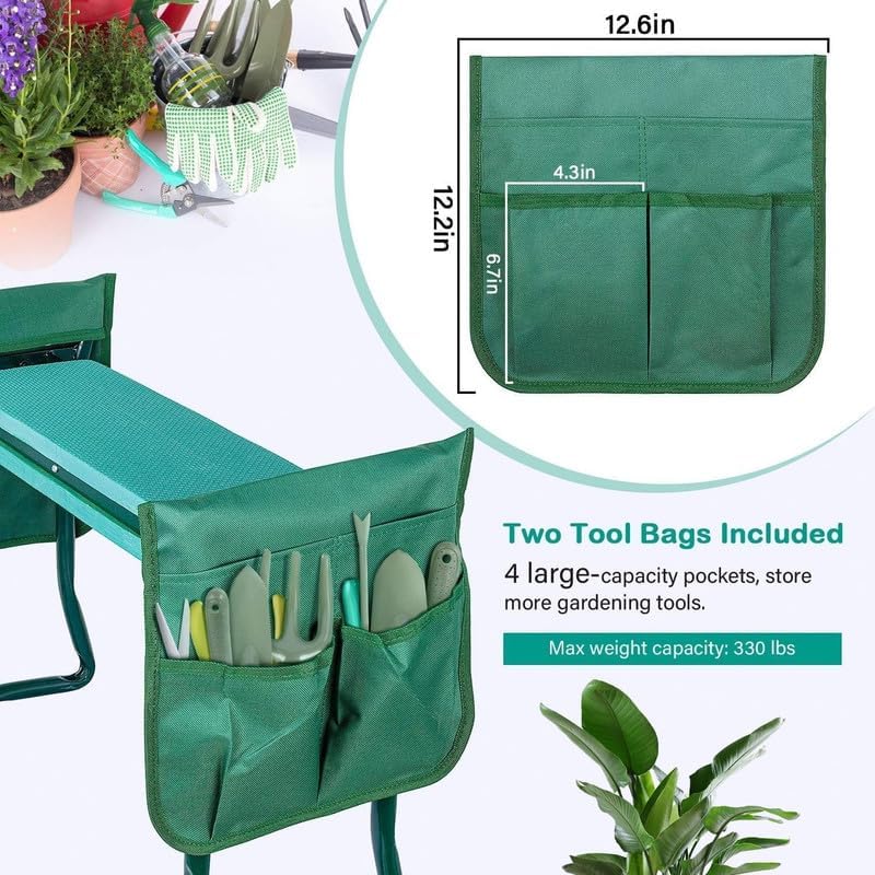 2-in-1 Garden Kneeler & Seat, Folding Seat w/EVA Foam Kneeling Pad & Removable Tools Pouch, 2 Big Tool Pouches Included - Image 4
