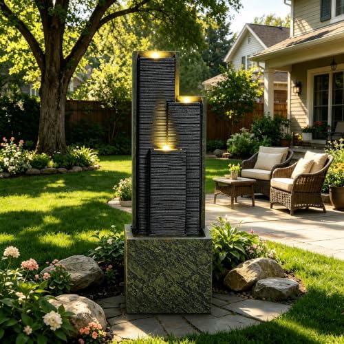 39" Outdoor Water Fountain, 3-Tier Resin Cascading Feature with LED - Image 4