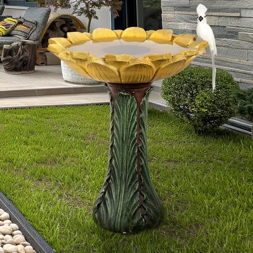SKYFIRE 24.4” Tall Outdoor Concrete Bird Bath - Sunflower Birdbath Bowl with Green Leaf Pedestal for Garden, Patio, Lawn, Backyard,Outdoor Decor -20”Dia. X 24.4”H Garden Decor Statue Flower Birdbaths by SKYFIRE