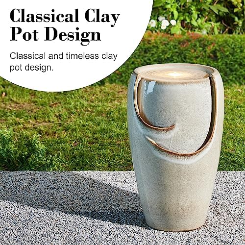 Glitzhome 21.25" H Ceramic Vase Outdoor Water Fountain Tall Patio Garden Water Fountain with LED Light and Submersible Pump Yard Art Decor, Sand Beige - Image 6