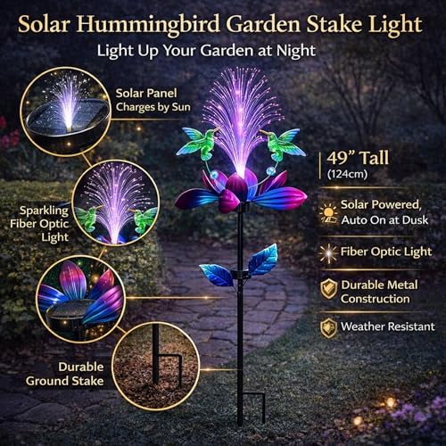 Solar Hummingbird Wind Spinner Outdoor 49 Inch Lotus Flower Metal Garden Windmill for Yard and Color Changing Fiber Optic Solar Yard Art Kinetic Wind Spinner Gift for Women Mother's Day Garden Gift - Image 3