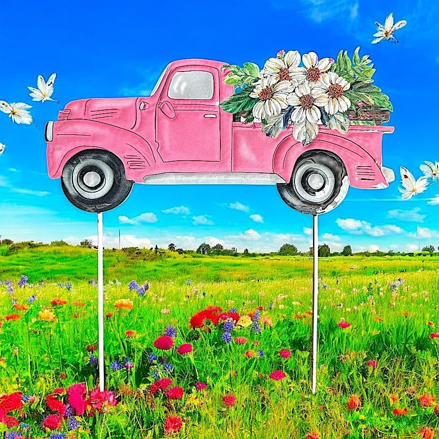 Garden Stake Vintage Truck W Flowers Metal Colorful Lawn Yard Entry Spring Summer Outdoor Decor Home Business 18"x18" (Pink Truck) - Image 3