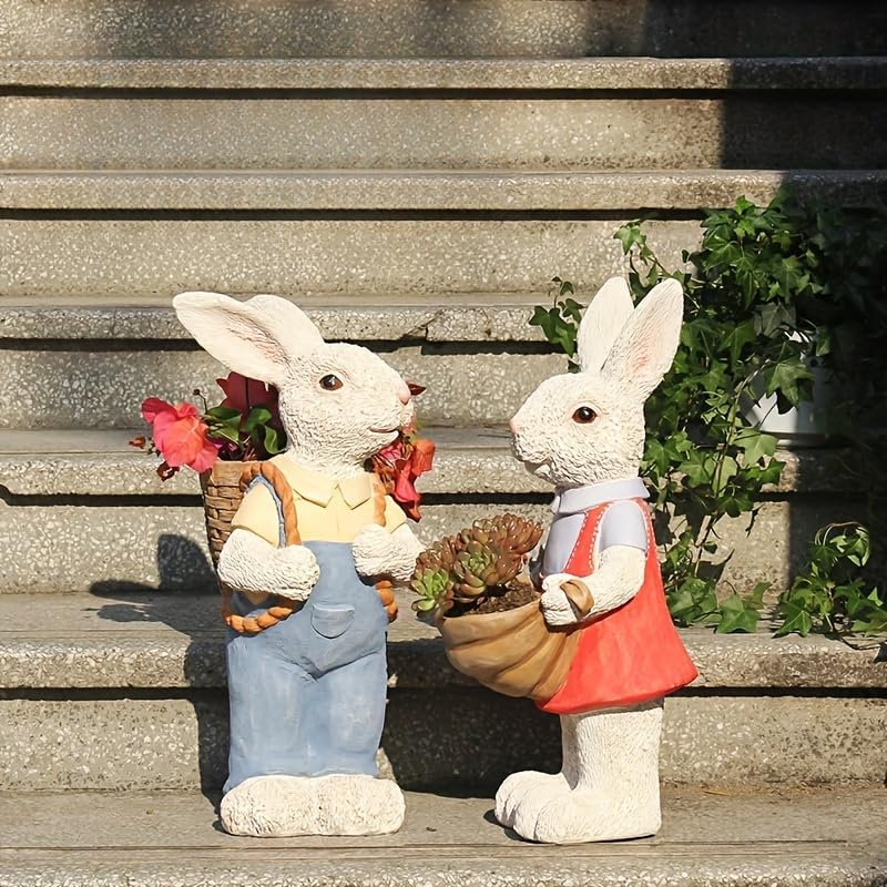 17" Couple Rabbit Statue Flower Pot Resin Garden Outdoor, Pink - Image 3