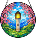 Stained Glass Window Hanging Suncatcher 9.8 Inch Lighthouse and Cherry Blossom Colorful Glass Panel Sun Catcher for Window,Mountain Landscape Window Hanging Decor for Home,Housewarming Gift by Unknown