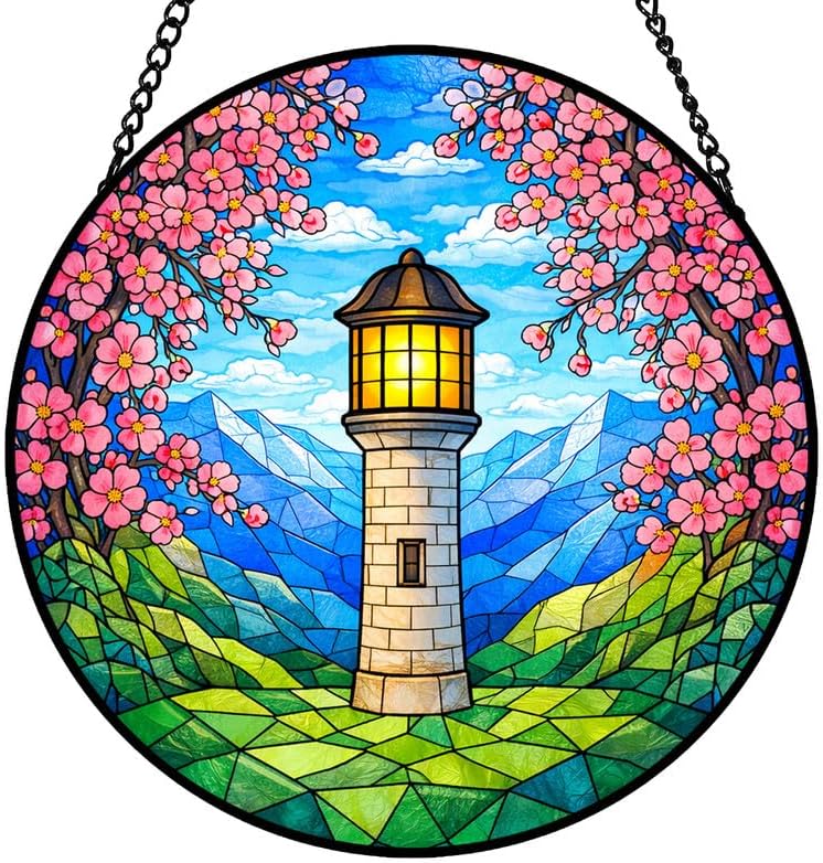 9.84 Inch Stained Glass Window Hanging Suncatcher Lighthouse and Cherry Blossom Colorful Glass Panel Sun Catcher for Window Mountain Landscape Window Hanging Decor for Home Housewarming Gift by Unknown